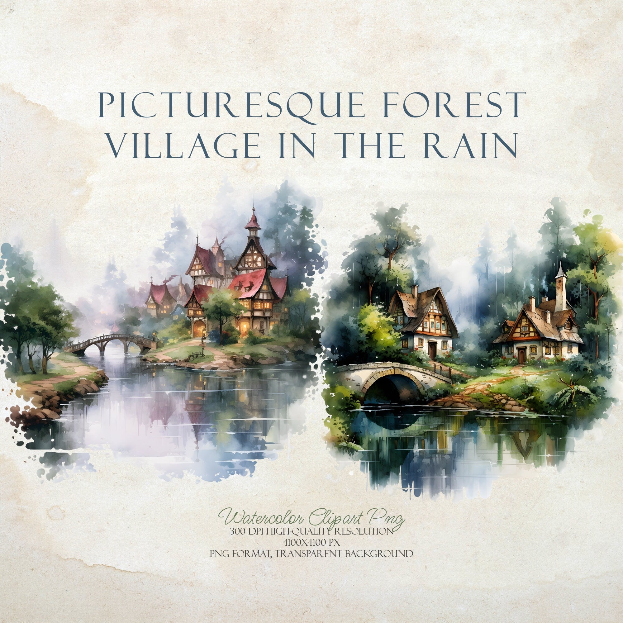 Forest Village in the Rain - Watercolor Autumn Clipart - Watercolor Village - Rain Village - Autumn Forest - Watercolor Fall - Autumn Rain