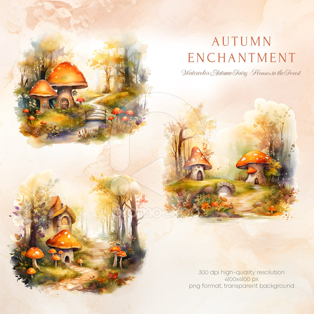 Watercolor Fairy Houses in the Forest - Watercolor Autumn Clipart - Watercolor Forest - Fall Landscapes - Autumn Forest - Autumn Landscape