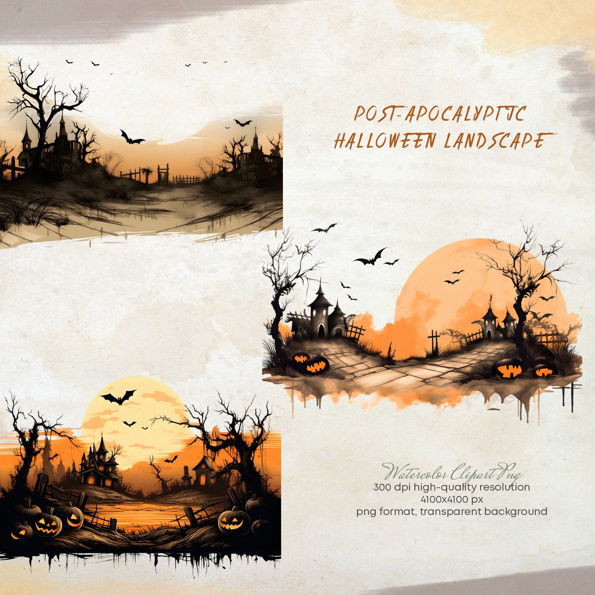 Post-Apocalyptic Halloween Landscape Halloween Forest - Watercolor Autumn Clipart - Halloween Clipart - Autumn Forest - Scary Landscape png