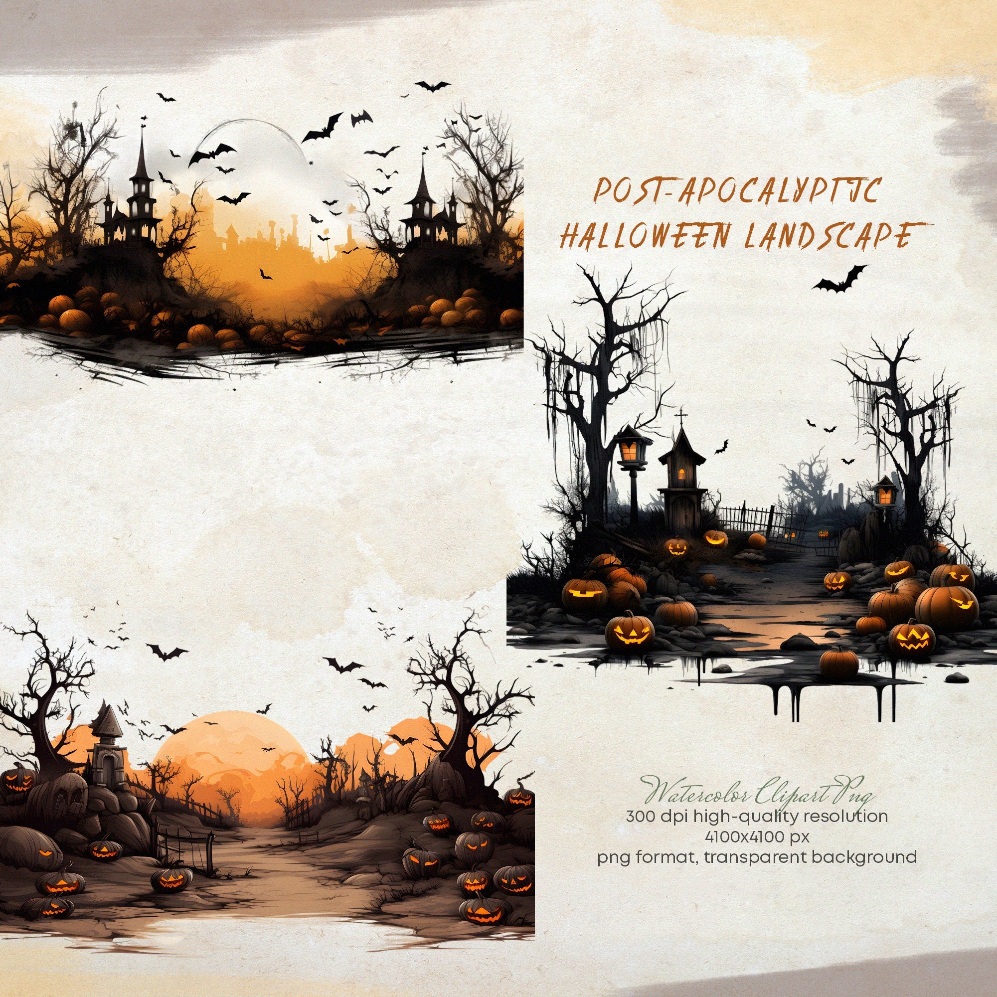 Post-Apocalyptic Halloween Landscape Halloween Forest - Watercolor Autumn Clipart - Halloween Clipart - Autumn Forest - Scary Landscape png