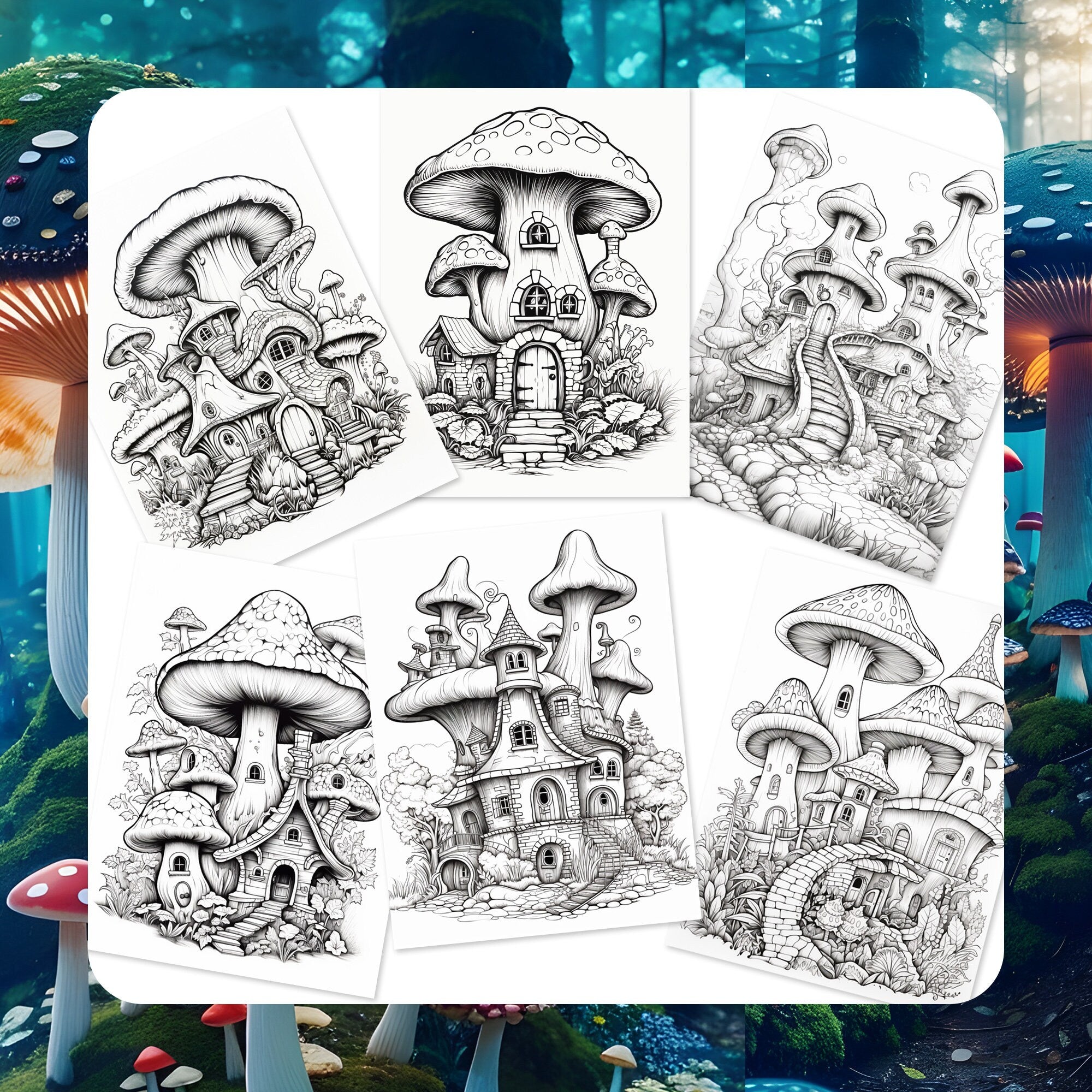 Whimsical Mushroom House Coloring Pages for Children - 23 Coloring Pages - Kids Coloring Pages - Mushroom Coloring PDF, Printable Pages