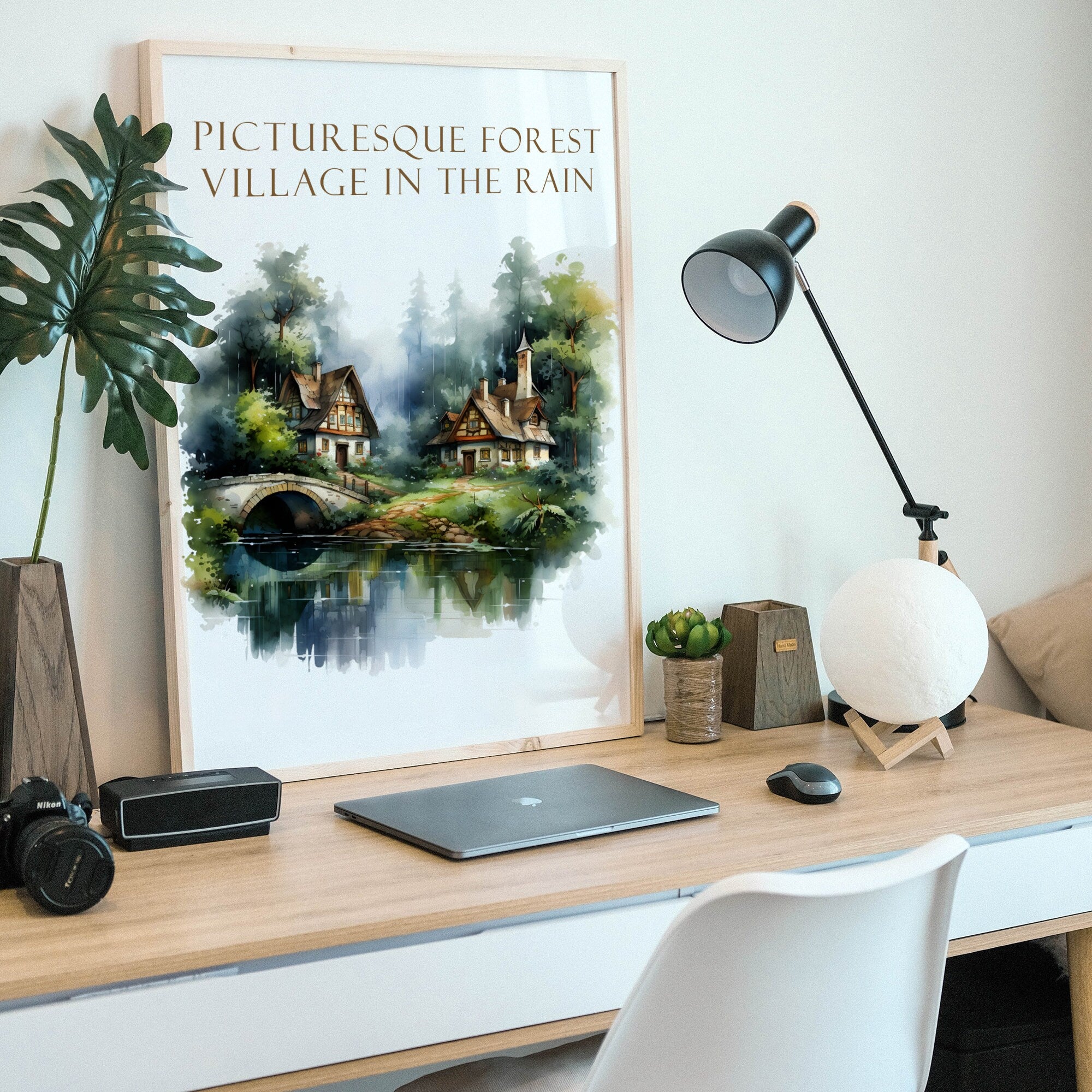 Forest Village in the Rain - Watercolor Autumn Clipart - Watercolor Village - Rain Village - Autumn Forest - Watercolor Fall - Autumn Rain