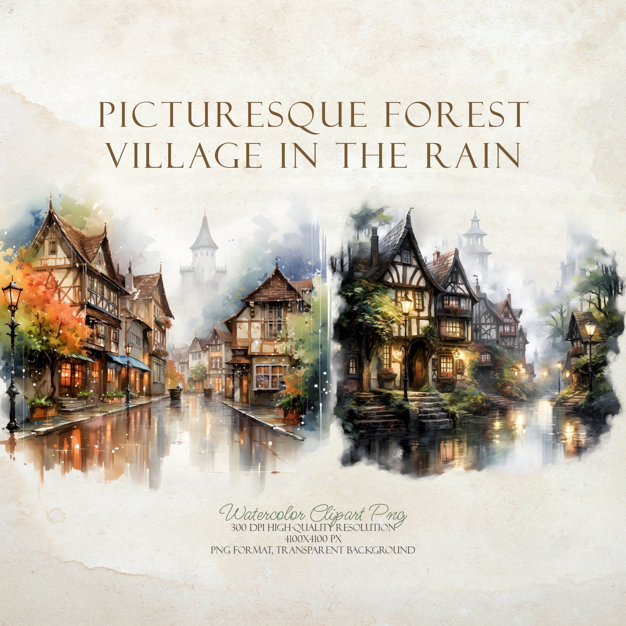Forest Village in the Rain - Watercolor Autumn Clipart - Watercolor Village - Rain Village - Autumn Forest - Watercolor Fall - Autumn Rain