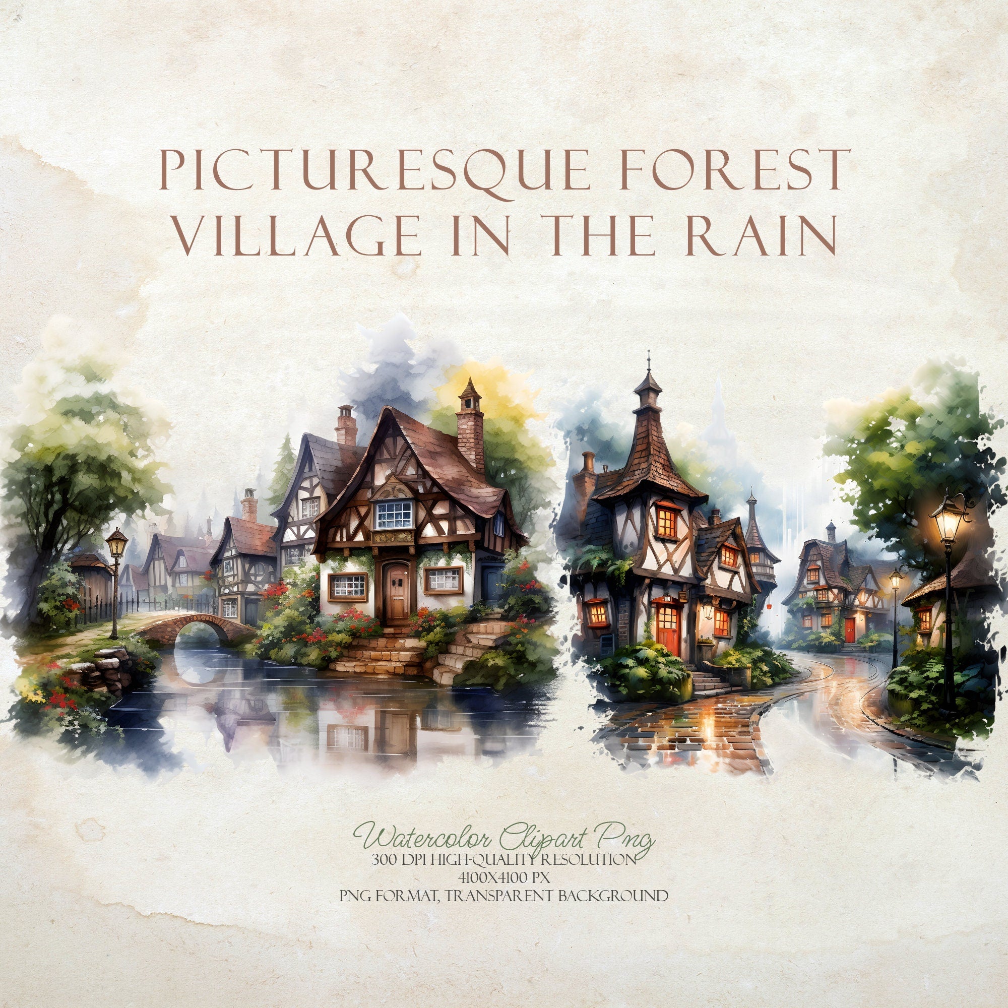 Forest Village in the Rain - Watercolor Autumn Clipart - Watercolor Village - Rain Village - Autumn Forest - Watercolor Fall - Autumn Rain