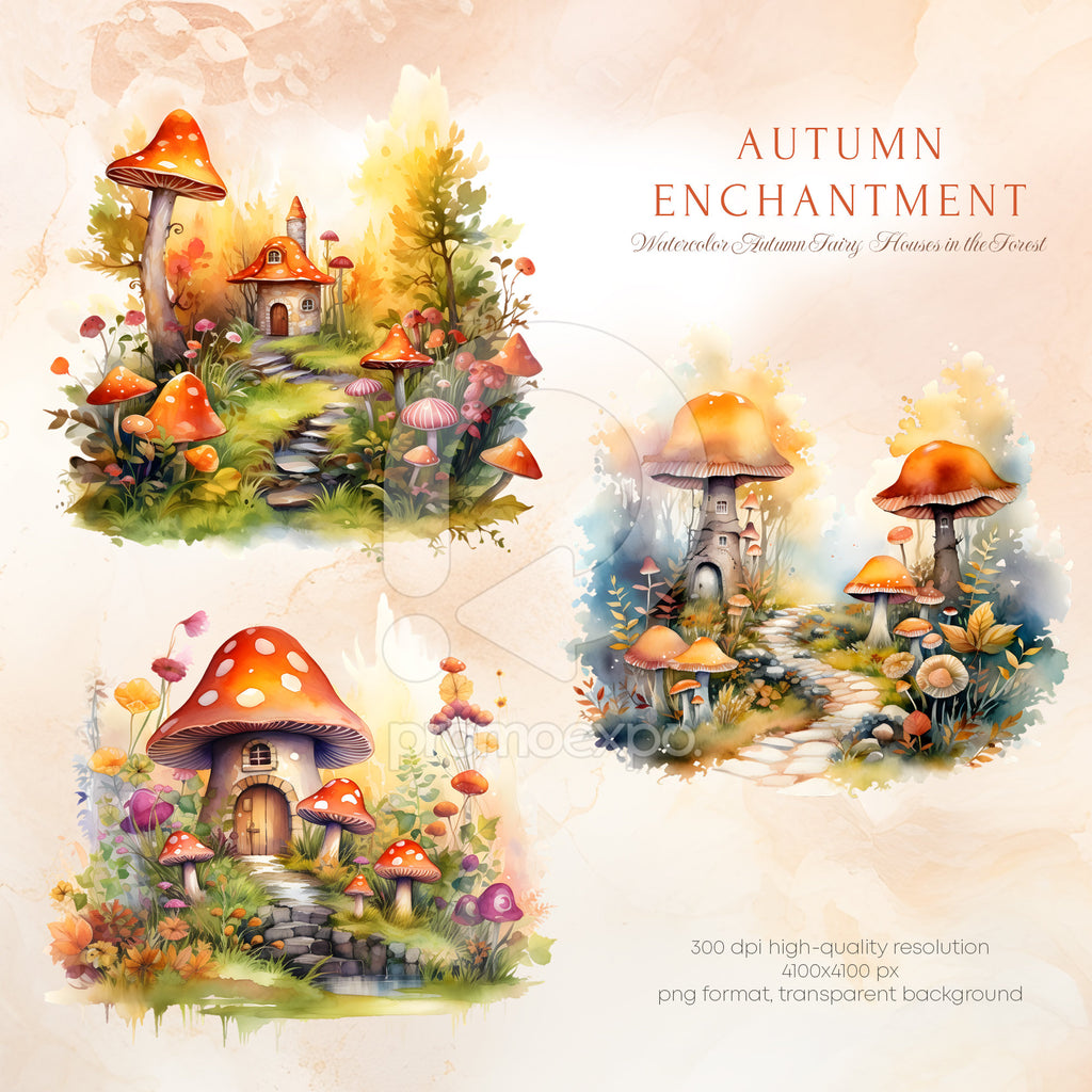 Watercolor Fairy Houses in the Forest - Watercolor Autumn Clipart - Watercolor Forest - Fall Landscapes - Autumn Forest - Autumn Landscape