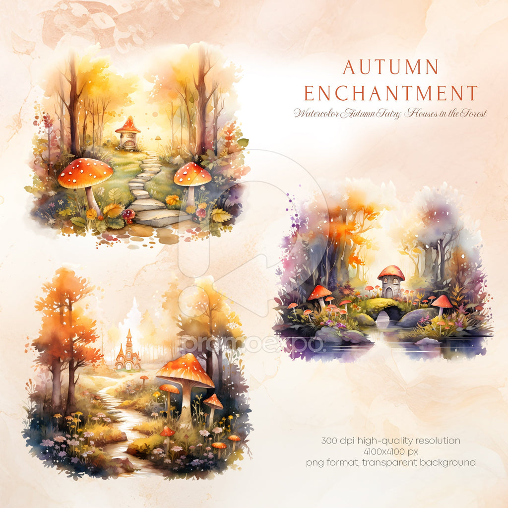 Watercolor Fairy Houses in the Forest - Watercolor Autumn Clipart - Watercolor Forest - Fall Landscapes - Autumn Forest - Autumn Landscape