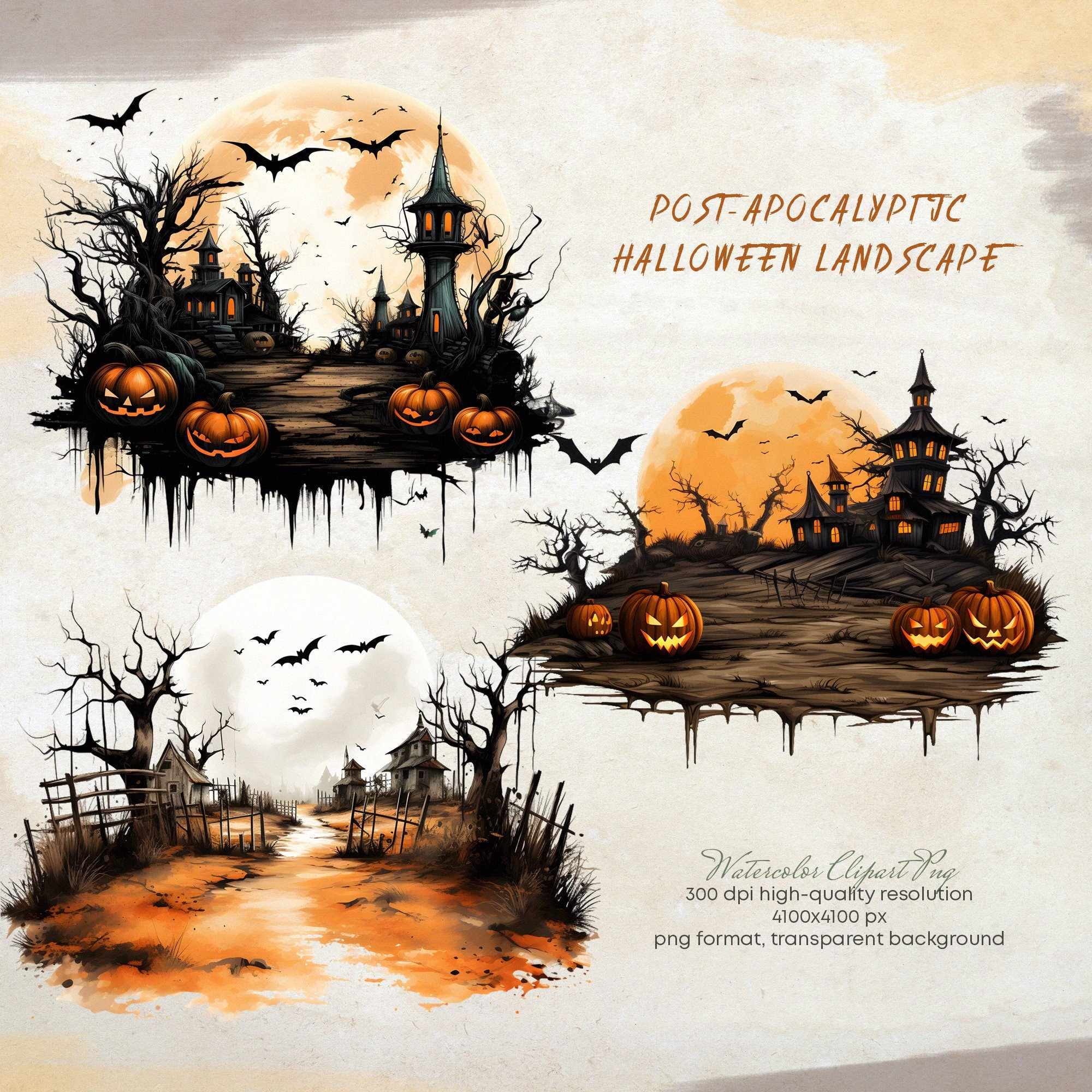 Post-Apocalyptic Halloween Landscape Halloween Forest - Watercolor Autumn Clipart - Halloween Clipart - Autumn Forest - Scary Landscape png