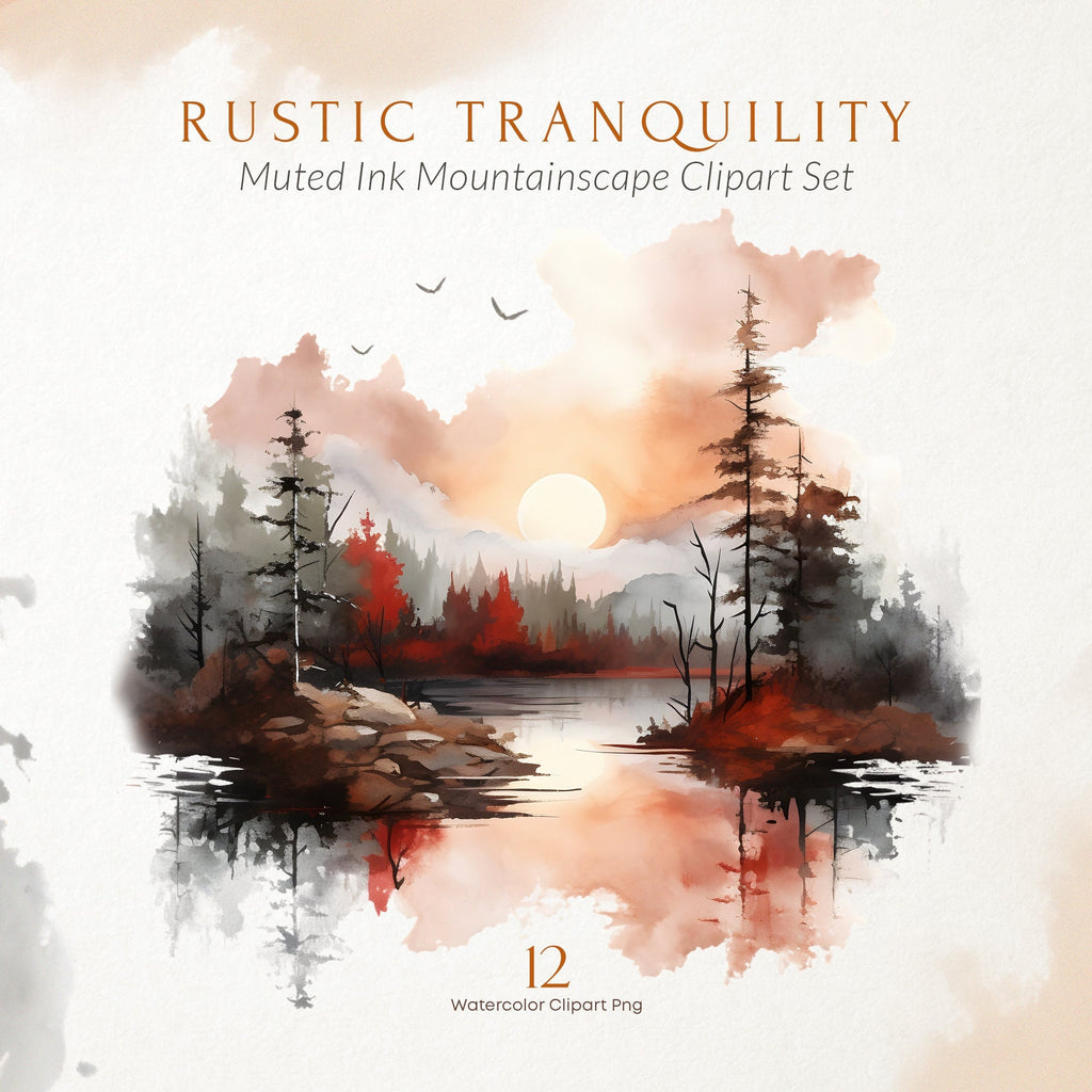 Rustic Tranquility, Fall clipart, autumn clipart, fall landscape, fall watercolor, autumn landscape, forest clipart, fall mountains, Muted ink, poster print, wall art, poster frame, autumn print
