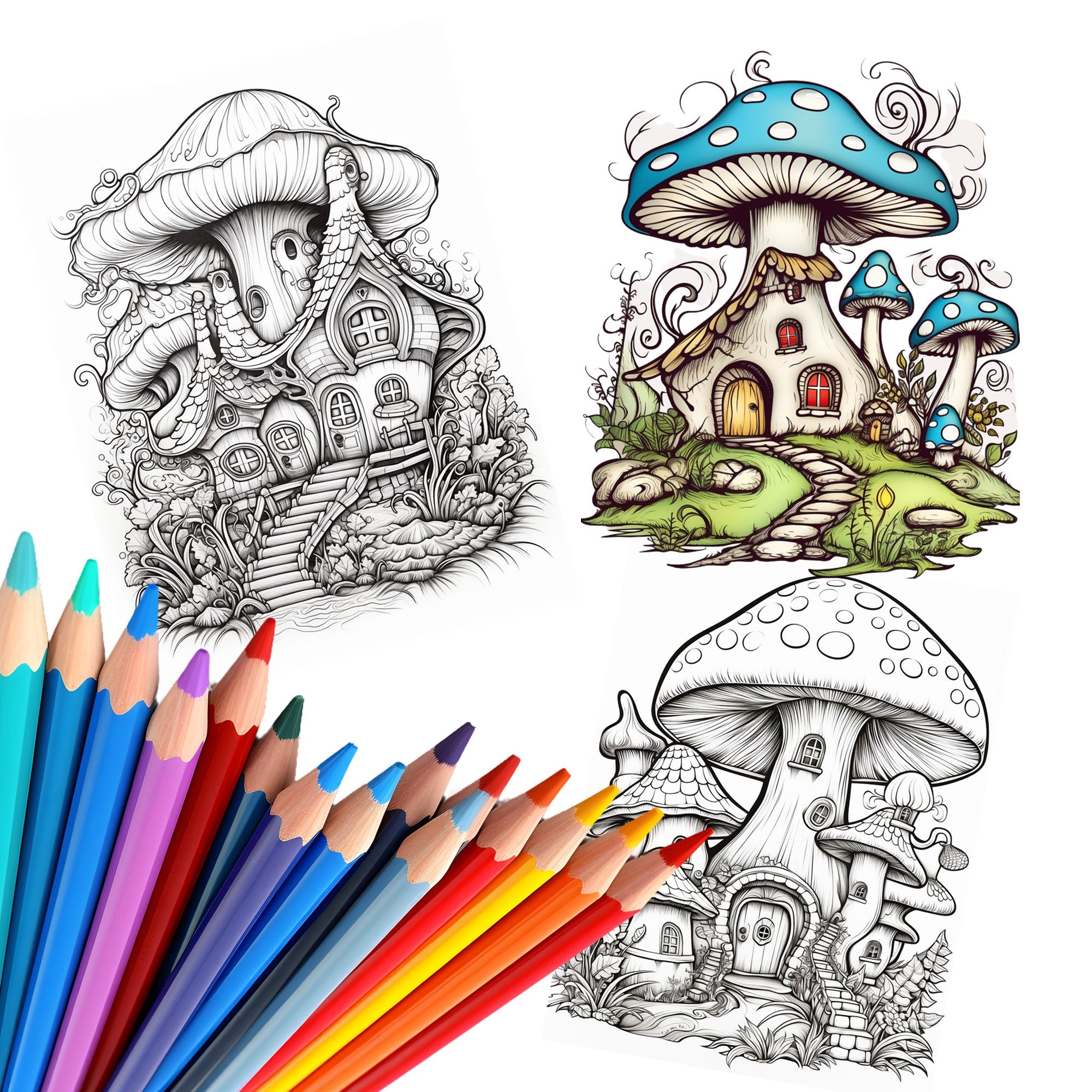 Whimsical Mushroom House Coloring Pages for Children - 23 Coloring Pages - Kids Coloring Pages - Mushroom Coloring PDF, Printable Pages