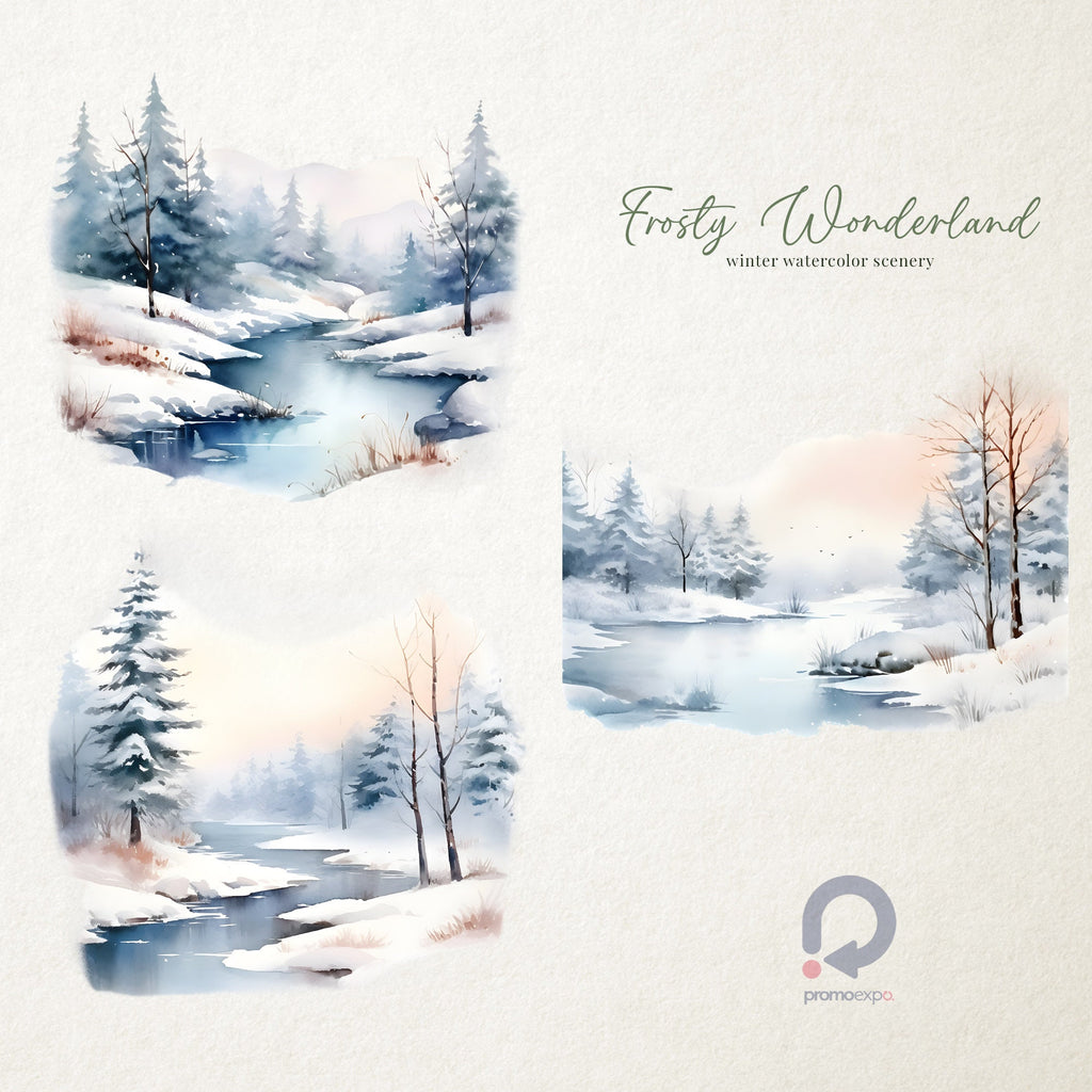 Frosty Wonderland, Winter Watercolor Scenery, Watercolor Landscapes, Landscapes Clipart, Winter Scenes, Winter Clipart, Fine Art Landscapes
