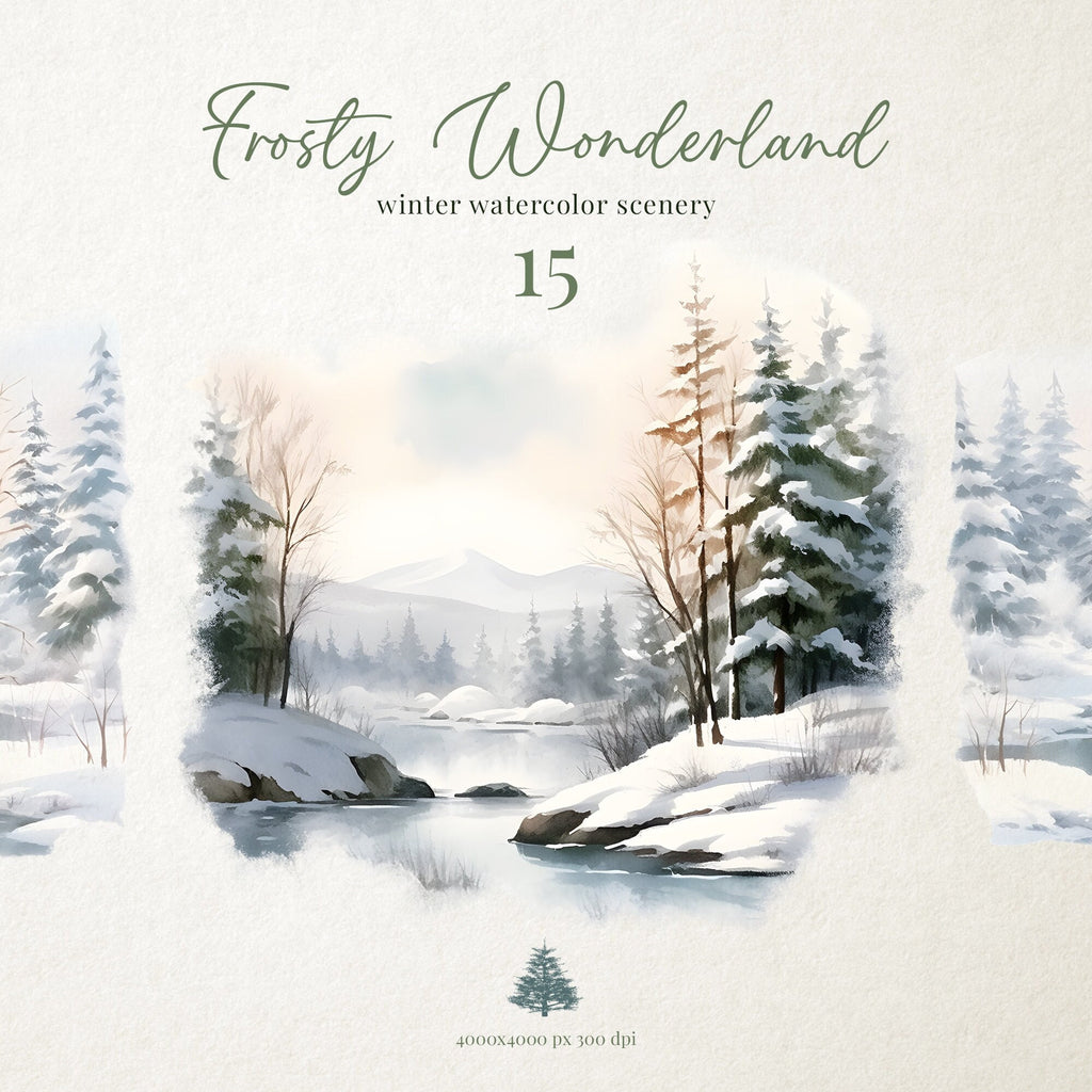 Frosty Wonderland, Winter Watercolor Scenery, Watercolor Landscapes, Landscapes Clipart, Winter Scenes, Winter Clipart, Fine Art Landscapes