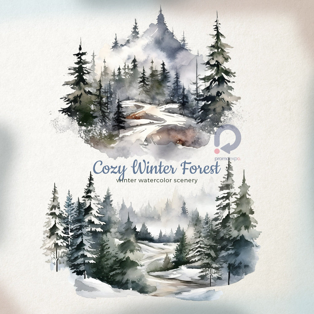 Cozy Winter Forest, Winter Watercolor Scenery, Watercolor Landscapes, Landscapes Clipart, Winter Scenes, Winter Clipart, Fine Art Landscapes