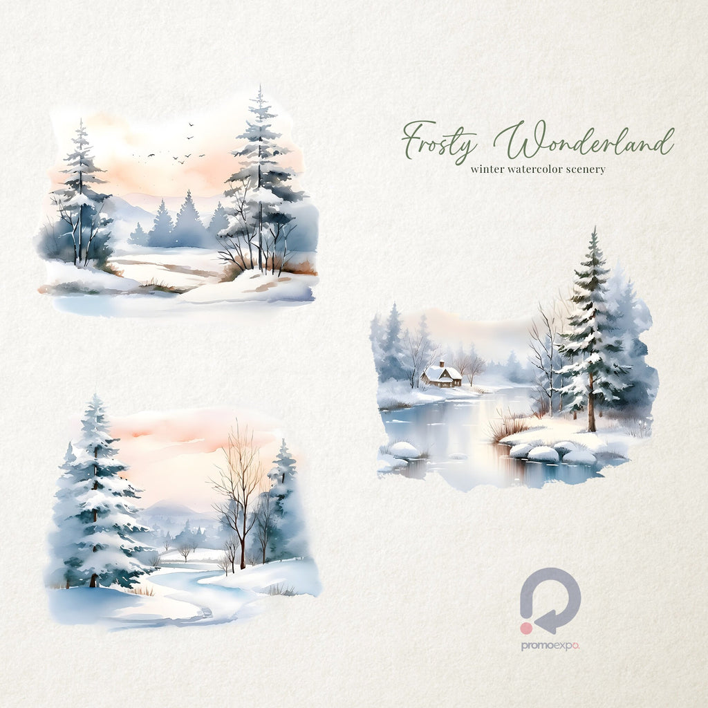 Frosty Wonderland, Winter Watercolor Scenery, Watercolor Landscapes, Landscapes Clipart, Winter Scenes, Winter Clipart, Fine Art Landscapes