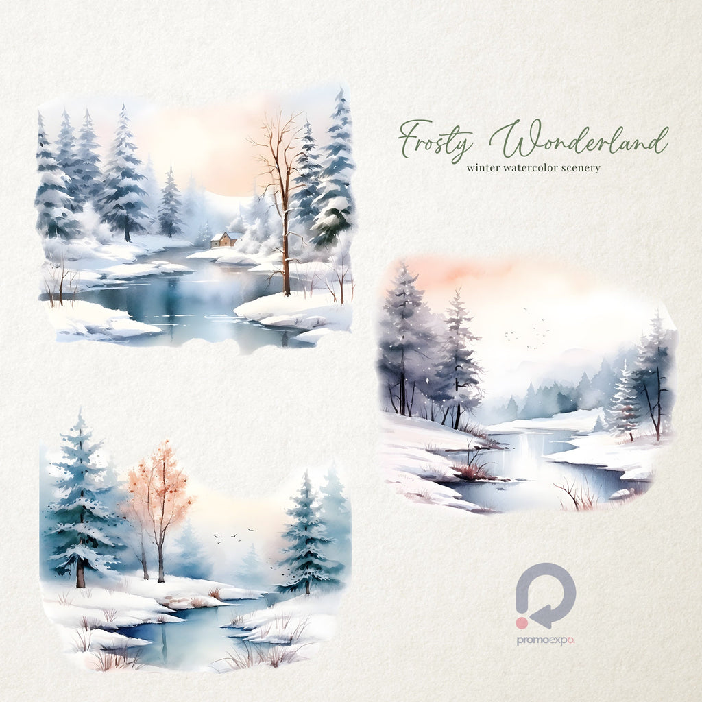 Frosty Wonderland, Winter Watercolor Scenery, Watercolor Landscapes, Landscapes Clipart, Winter Scenes, Winter Clipart, Fine Art Landscapes