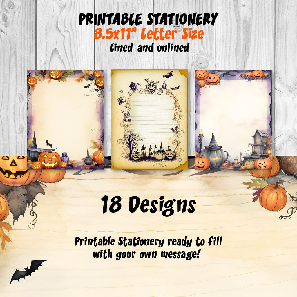 Printable Halloween Stationery - Letter Paper - Letterheads - 18 Designs - 8.5in x 11in - Commercial Use, Printable Pages, Halloween Paper