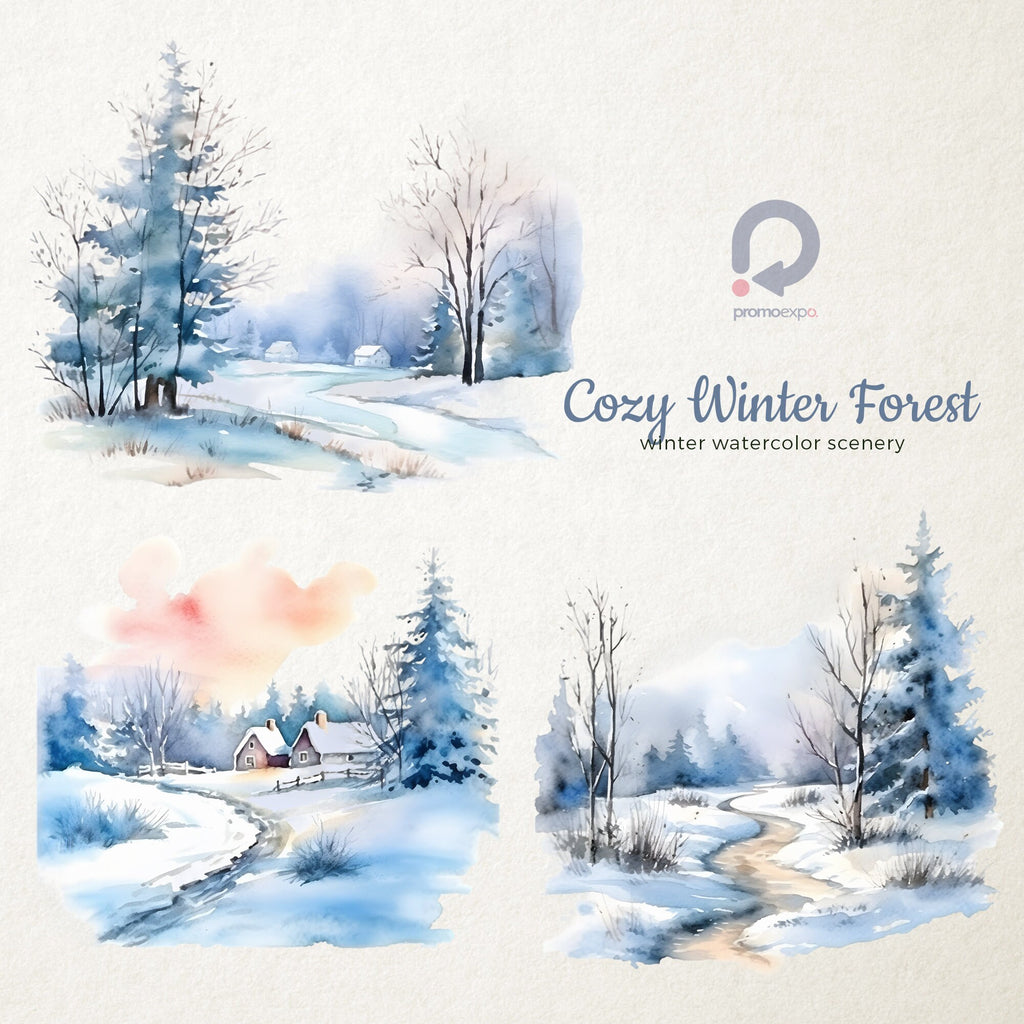 Cozy Winter Forest, Winter Watercolor Scenery, Watercolor Landscapes, Landscapes Clipart, Winter Scenes, Winter Clipart, Fine Art Landscapes