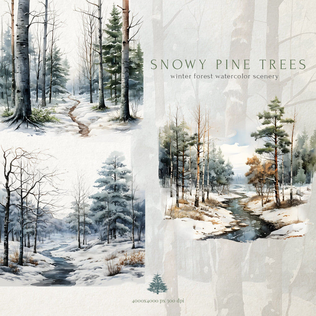 Snowy Pine Trees Clipart, Winter Forest Watercolor Scenery, Watercolor Landscapes, Landscapes Clipart, Winter Scenes, Winter Clipart, PNG