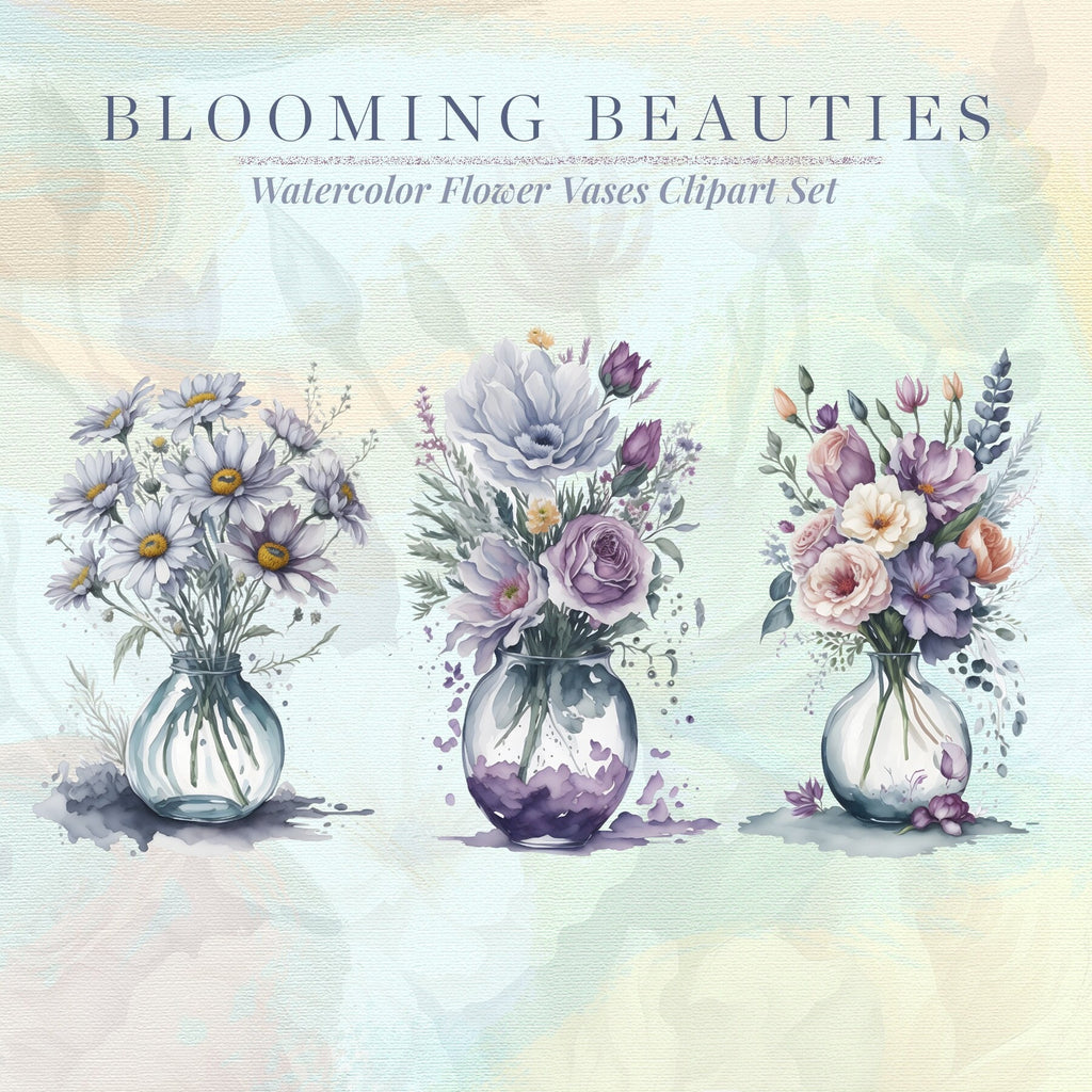 Blooming Beauties – Clipart PNG cu vaze florale în acuarelă, pentru invitații, decoruri și proiecte creative