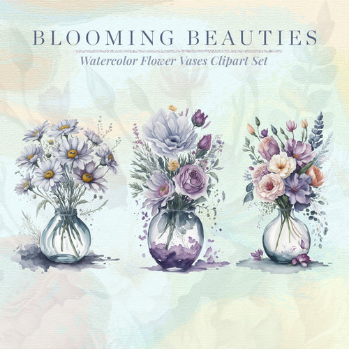 Blooming Beauties – Clipart PNG cu vaze florale în acuarelă, pentru invitații, decoruri și proiecte creative