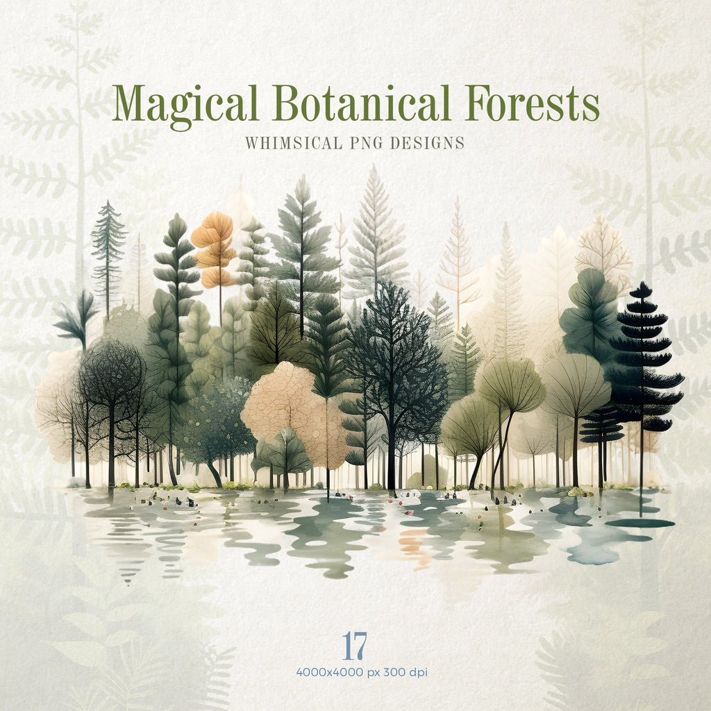 Magical Botanical Forests Watercolor, Fennel, Chamomile, Lemongrass, Whimsical Botanical Illustrations, Enchanted Herbal, Strange forest scenes, Fennel forest, Chamomile forest, Lemongrass, Hand-painted forest elements, Herbal forest illustrations