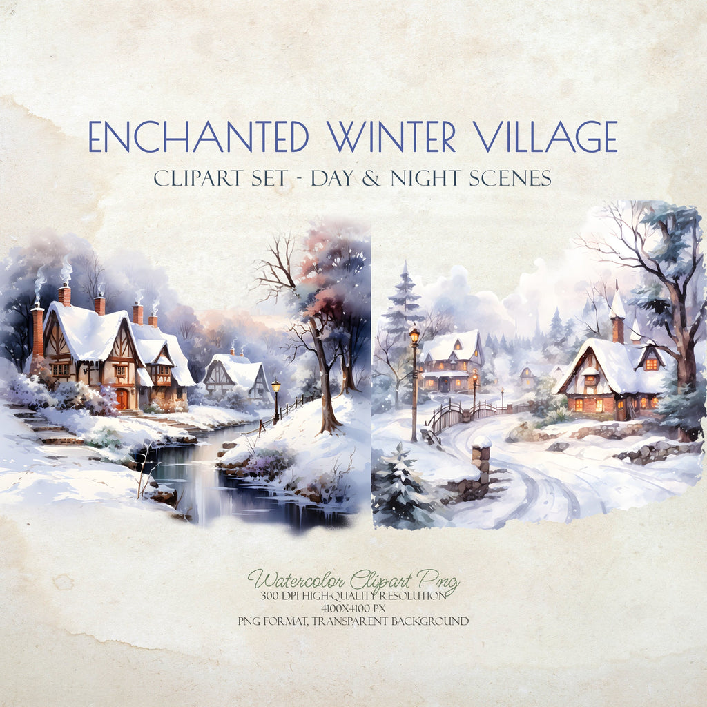 Enchanted Winter Village - Watercolor Winter Clipart - Watercolor Village - Snow Village - Winter Forest - Christmas Village - Winter Snow