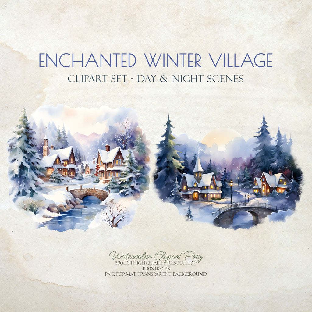 Enchanted Winter Village - Watercolor Winter Clipart - Watercolor Village - Snow Village - Winter Forest - Christmas Village - Winter Snow