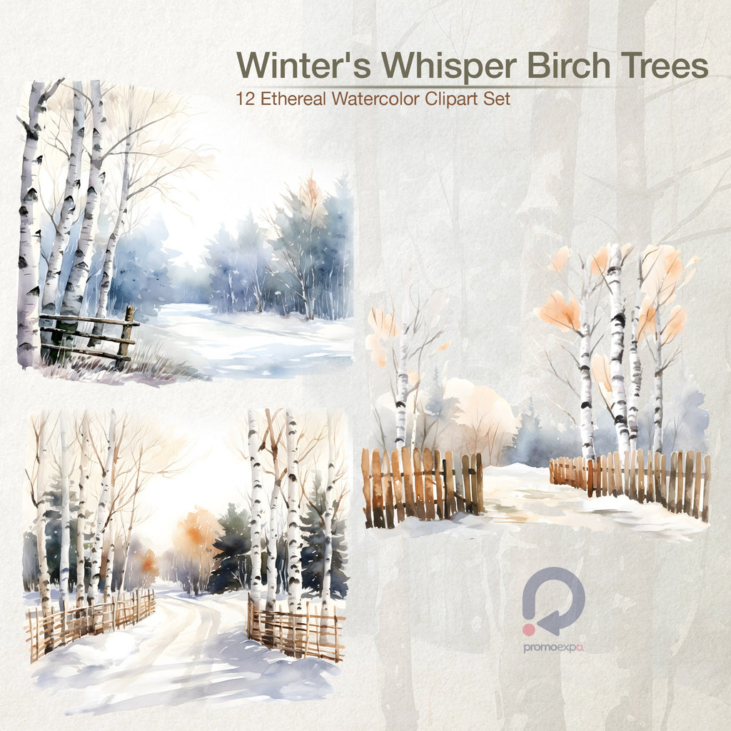 Winter's Whisper Birch Trees Clipart, Winter Forest Watercolor, Watercolor Landscapes, Landscapes Clipart, Winter Scenes, Winter Clipart