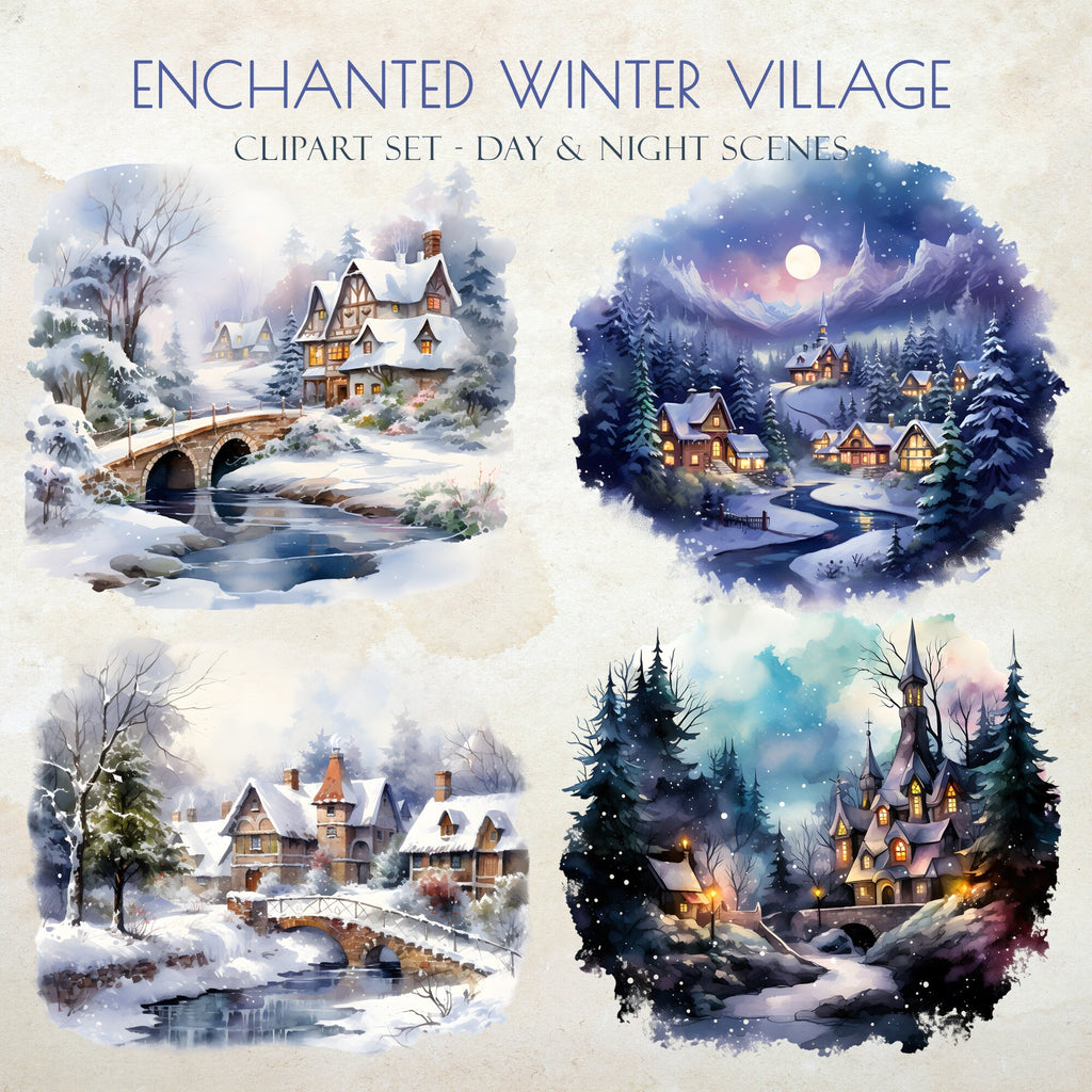 Enchanted Winter Village - Watercolor Winter Clipart - Watercolor Village - Snow Village - Winter Forest - Christmas Village - Winter Snow