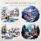 Enchanted Winter Village - Watercolor Winter Clipart - Watercolor Village - Snow Village - Winter Forest - Christmas Village - Winter Snow