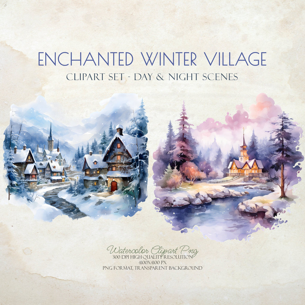 Enchanted Winter Village - Watercolor Winter Clipart - Watercolor Village - Snow Village - Winter Forest - Christmas Village - Winter Snow