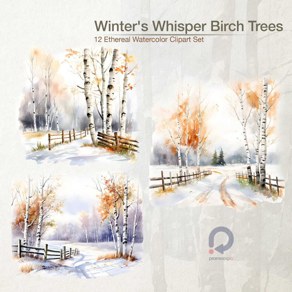 Winter's Whisper Birch Trees Clipart, Winter Forest Watercolor, Watercolor Landscapes, Landscapes Clipart, Winter Scenes, Winter Clipart