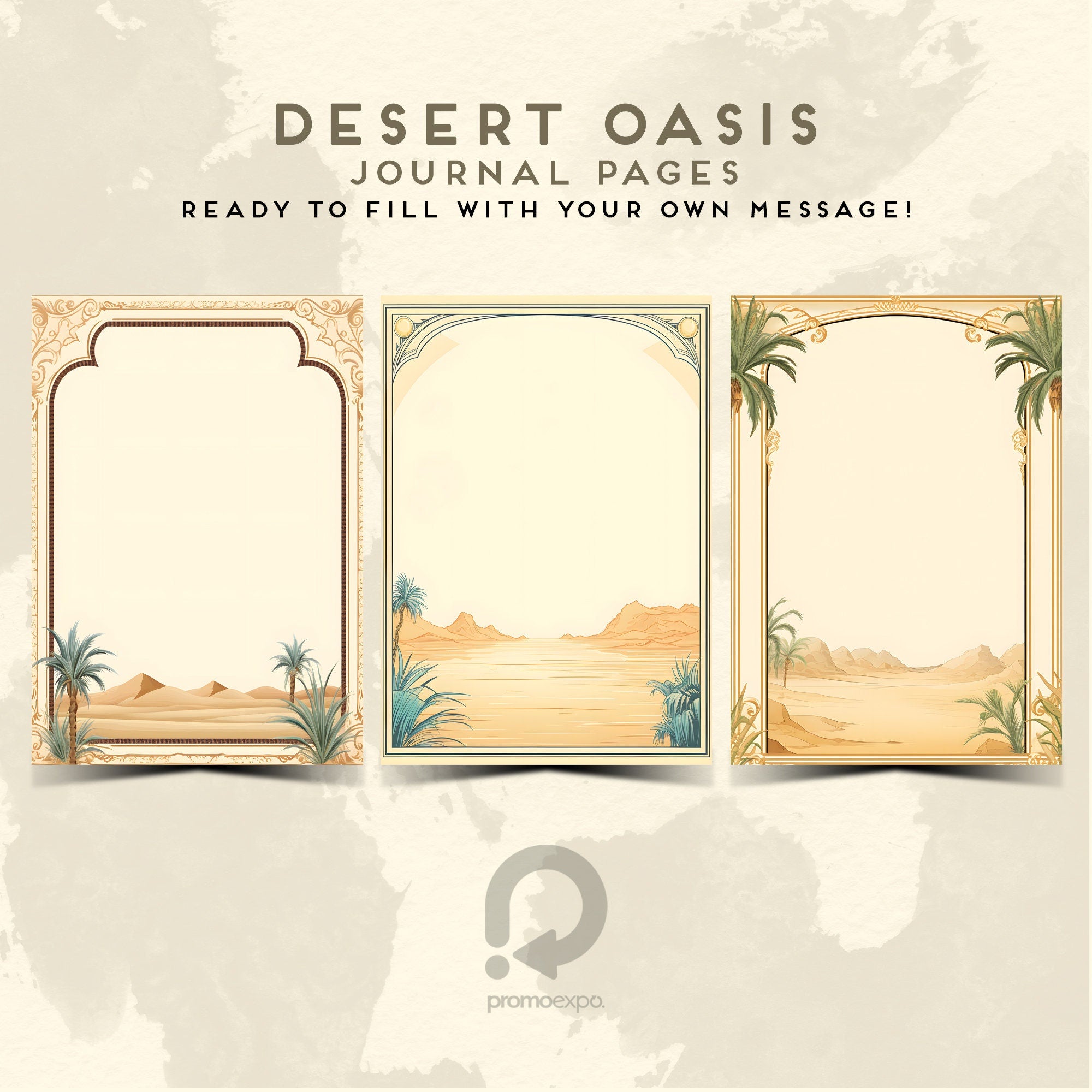 Desert Oasis Journal Pages | Art Nouveau Stationery Set | A4 & Letter Sizes | Oasis Scene | Commercial Use | Printable Pages | Sand Frame