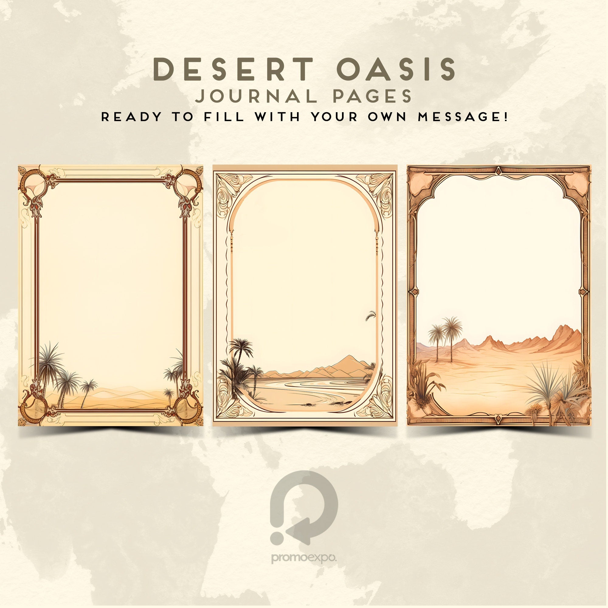 Desert Oasis Journal Pages | Art Nouveau Stationery Set | A4 & Letter Sizes | Oasis Scene | Commercial Use | Printable Pages | Sand Frame