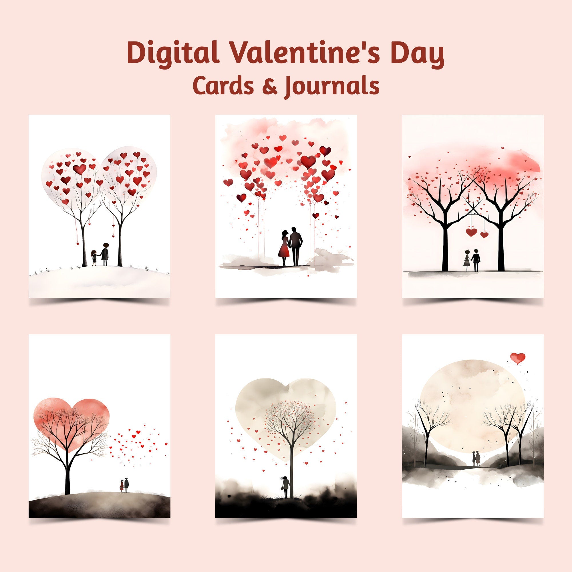 Digital Valentine's Day Cards & Journals - Printable Love Notes for A4 and Letter - Romantic Day and Night Couple Designs - Instant Download