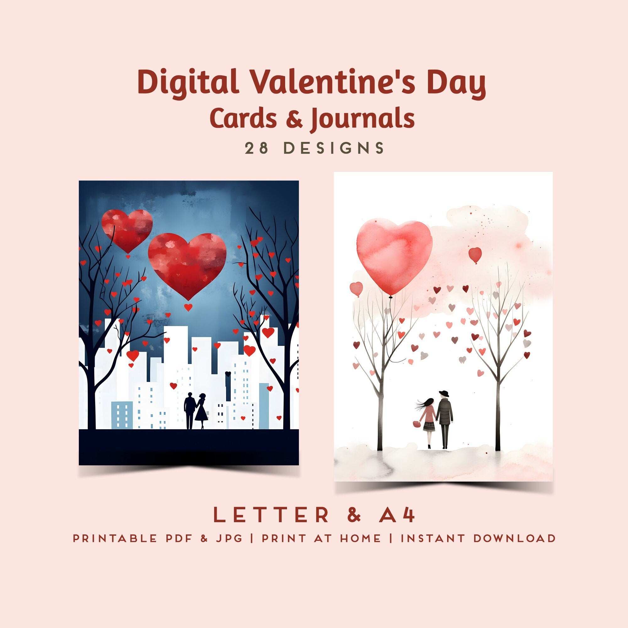 Digital Valentine's Day Cards & Journals - Printable Love Notes for A4 and Letter - Romantic Day and Night Couple Designs - Instant Download