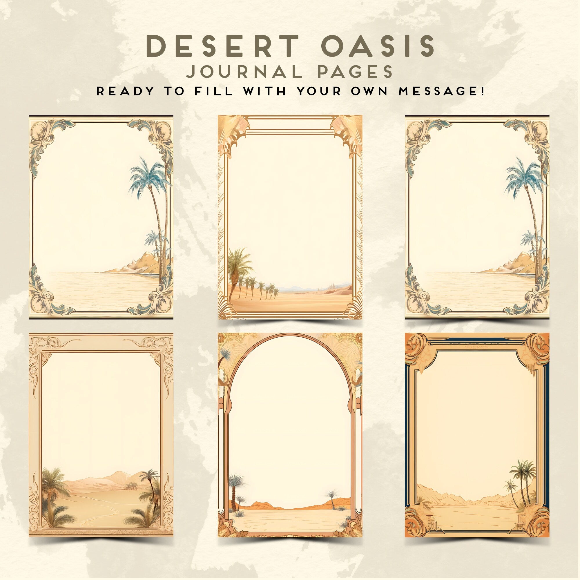 Desert Oasis Journal Pages | Art Nouveau Stationery Set | A4 & Letter Sizes | Oasis Scene | Commercial Use | Printable Pages | Sand Frame