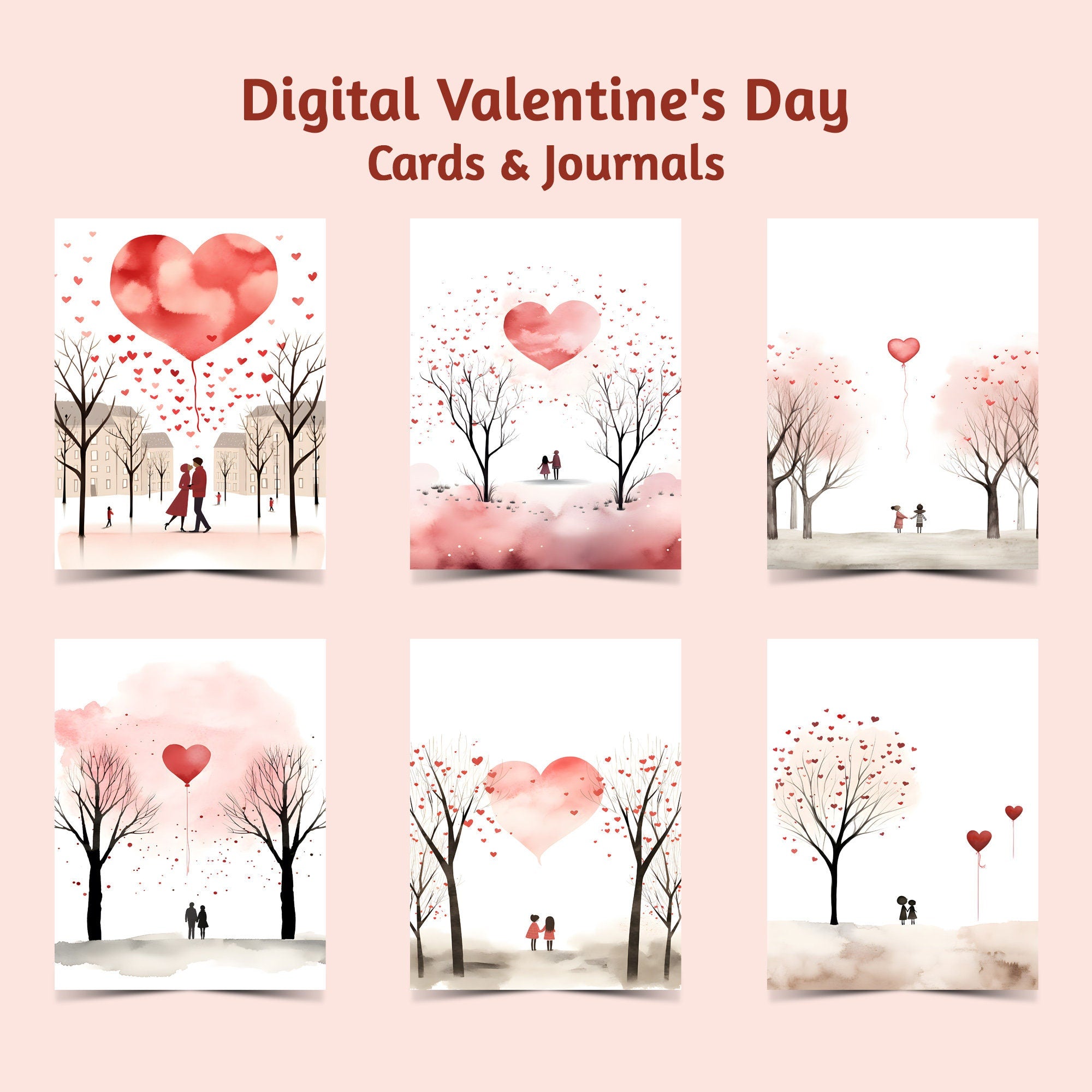 Digital Valentine's Day Cards & Journals - Printable Love Notes for A4 and Letter - Romantic Day and Night Couple Designs - Instant Download