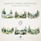 Majestic Spring Mountains - Watercolor Landscape Forest, Peaks Serene Views - Watercolor Clipart - Mountain Landscapes - Watercolor Forest