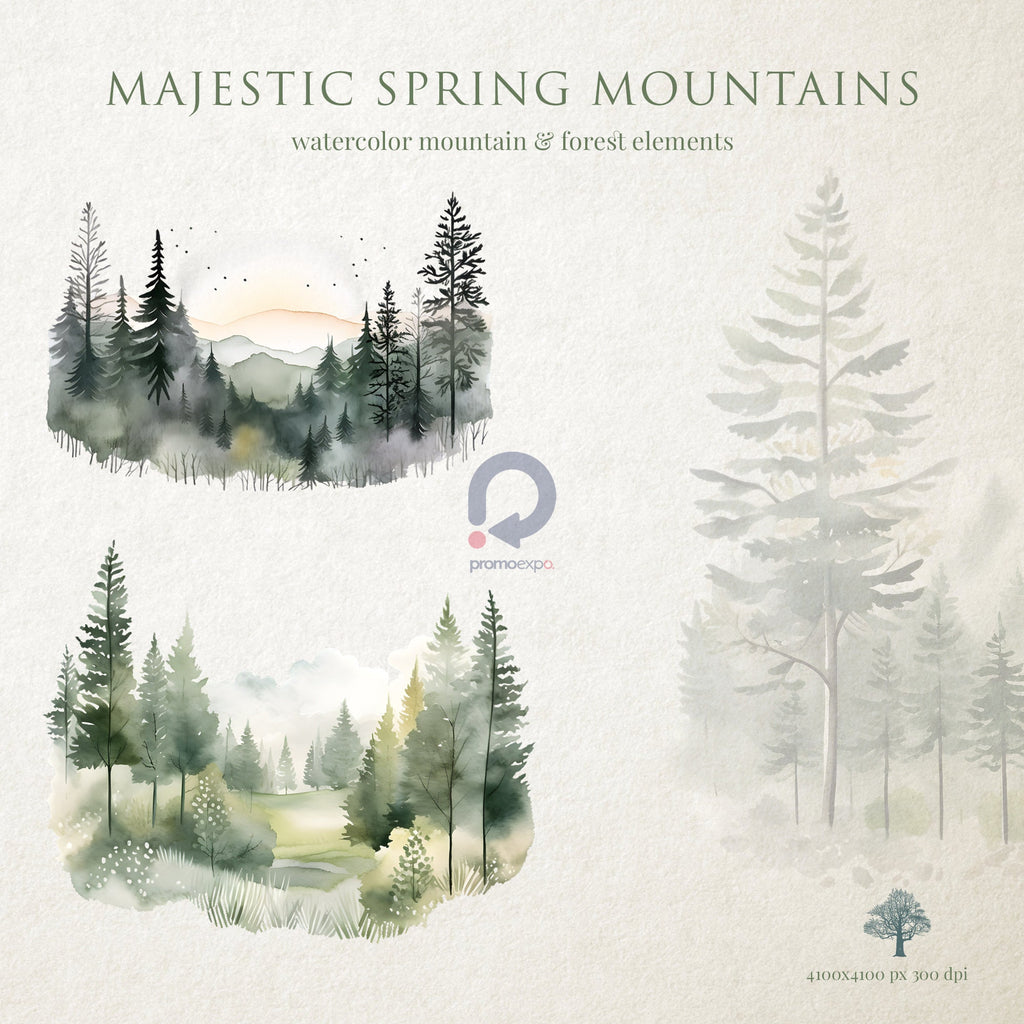 Majestic Spring Mountains - Watercolor Landscape Forest, Peaks Serene Views - Watercolor Clipart - Mountain Landscapes - Watercolor Forest