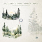 Majestic Spring Mountains - Watercolor Landscape Forest, Peaks Serene Views - Watercolor Clipart - Mountain Landscapes - Watercolor Forest