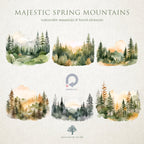Majestic Spring Mountains - Watercolor Landscape Forest, Peaks Serene Views - Watercolor Clipart - Mountain Landscapes - Watercolor Forest