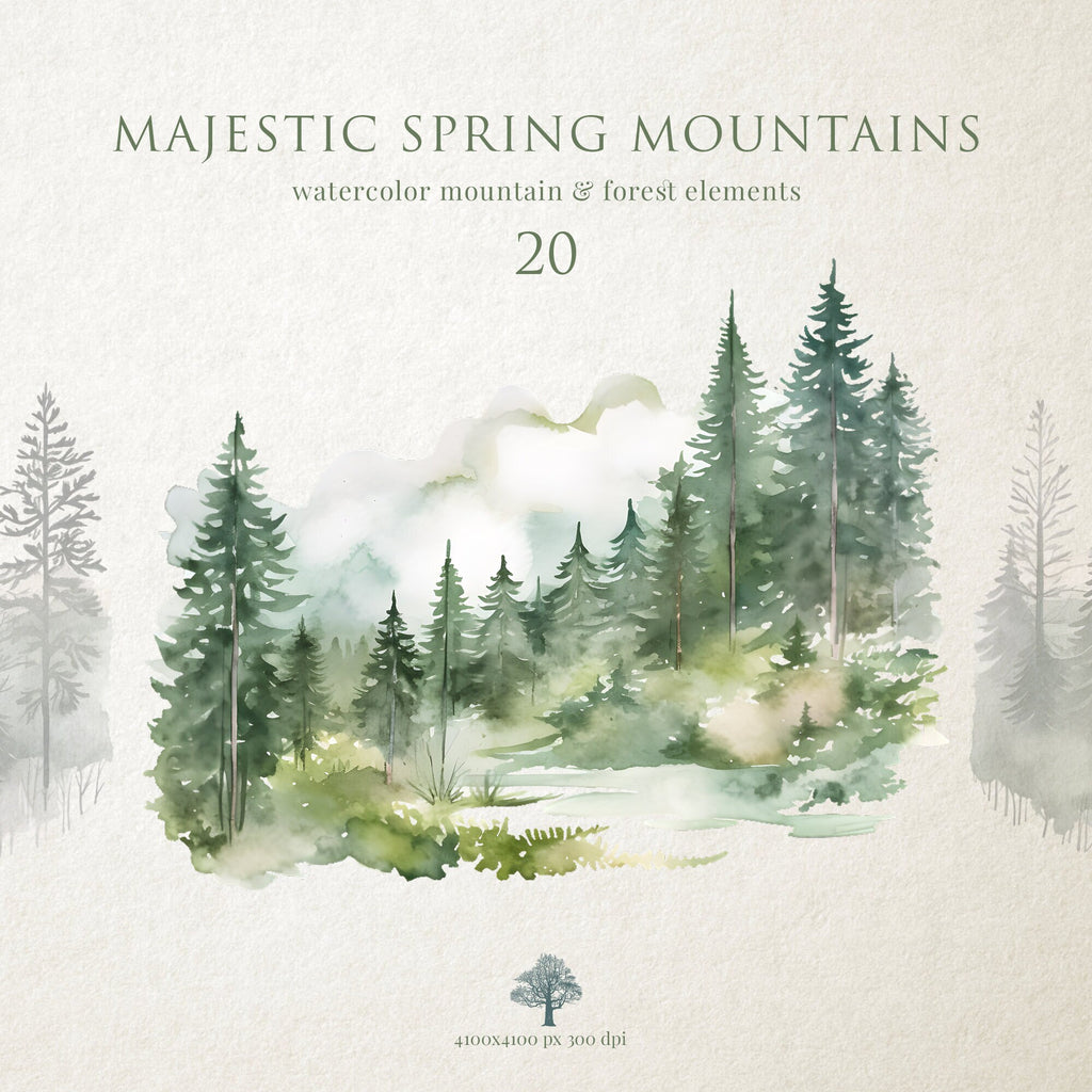 Majestic Spring Mountains Clipart - Watercolor Landscape Forest, Peaks Serene Views - Watercolor Clipart - Mountain Landscapes - Watercolor Forest