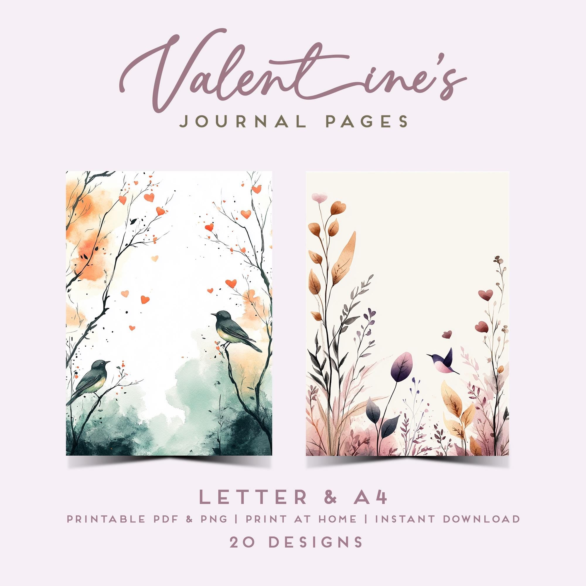 Printable Valentine's Day Stationery, Letter & A4, Watercolor Journal, Watercolor Hearts, Birds, Feathers, Commercial Use, Printable Pages