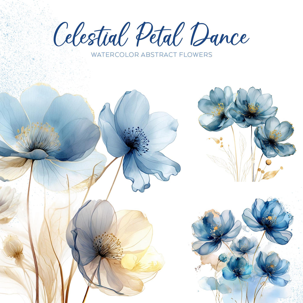 Celestial Petal Dance – Clipart PNG cu flori abstracte în acuarelă, albastru și auriu, pentru sublimare, invitații și proiecte creative