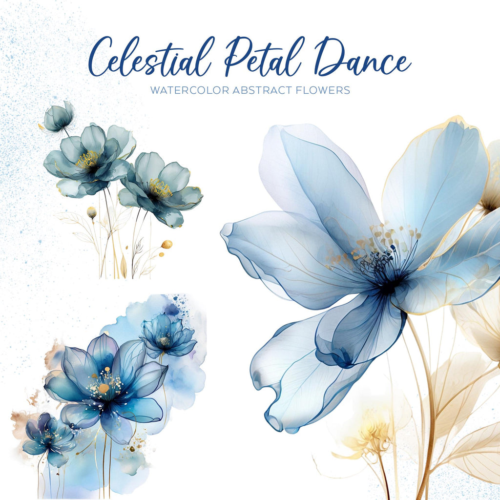 Celestial Petal Dance – Clipart PNG cu flori abstracte în acuarelă, albastru și auriu, pentru sublimare, invitații și proiecte creative