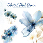 Celestial Petal Dance – Clipart PNG cu flori abstracte în acuarelă, albastru și auriu, pentru sublimare, invitații și proiecte creative