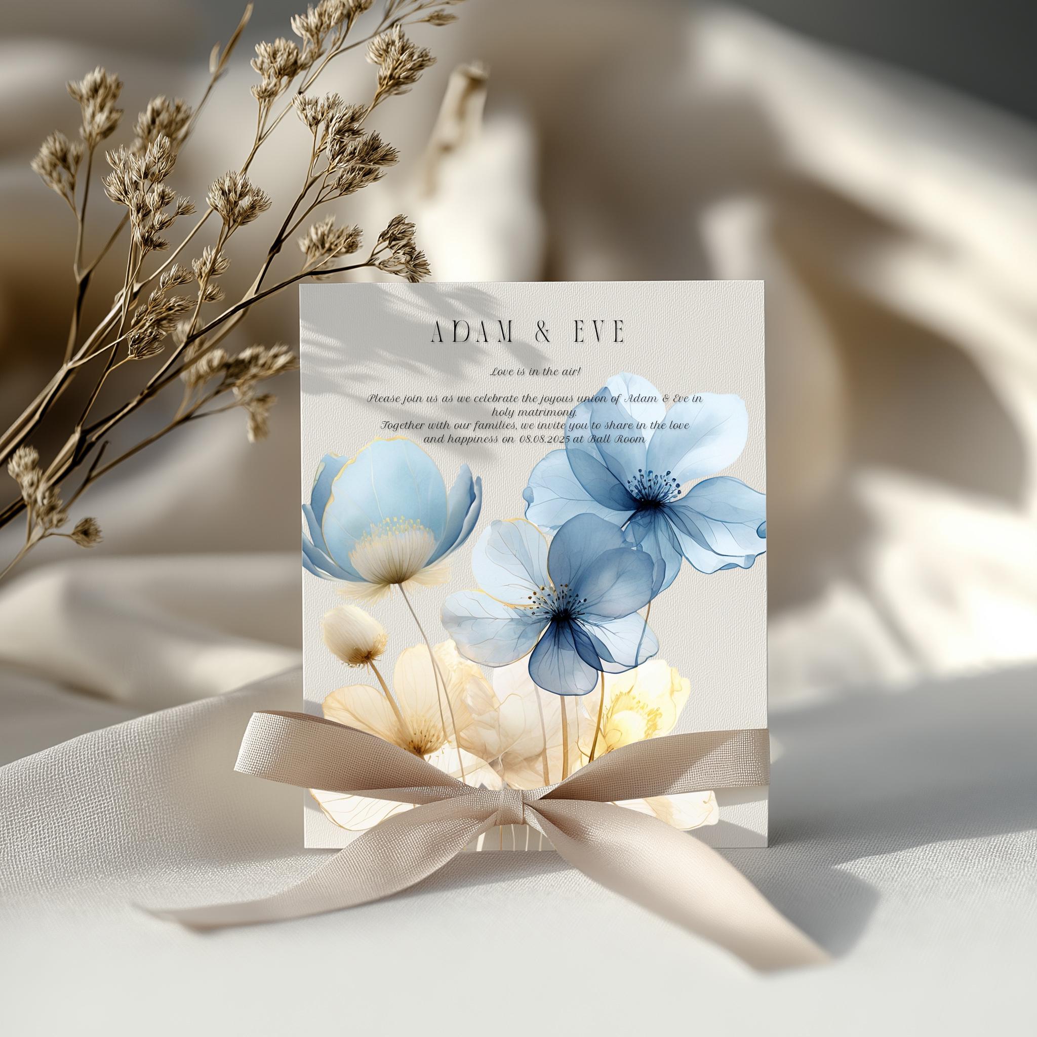 Celestial Petal Dance – Clipart PNG cu flori abstracte în acuarelă, albastru și auriu, pentru sublimare, invitații și proiecte creative