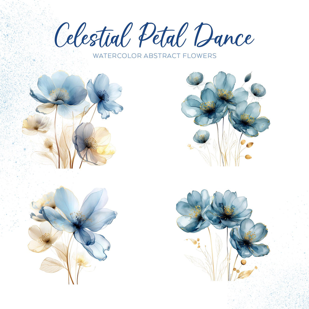 Celestial Petal Dance – Clipart PNG cu flori abstracte în acuarelă, albastru și auriu, pentru sublimare, invitații și proiecte creative