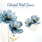 Celestial Petal Dance – Clipart PNG cu flori abstracte în acuarelă, albastru și auriu, pentru sublimare, invitații și proiecte creative