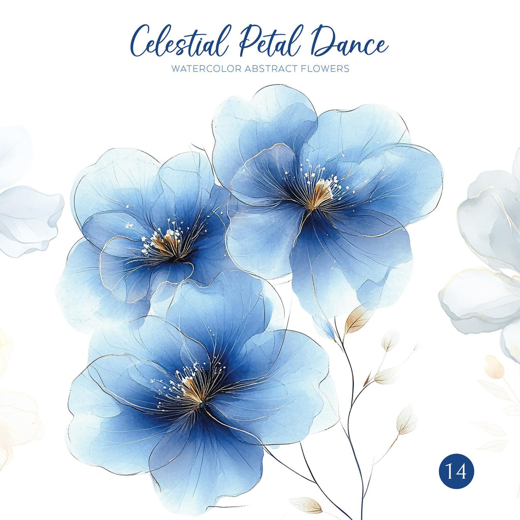 Celestial Petal Dance – Clipart PNG cu flori abstracte în acuarelă, albastru și auriu, pentru sublimare, invitații și proiecte creative
